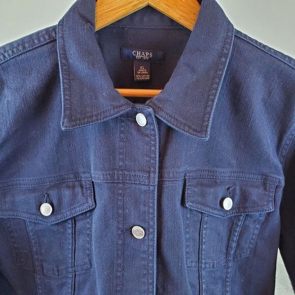 Chaps Denim Jacket Women XL Navy Blue Trucker Style Harrington Button Front Coat - Picture 2 of 10